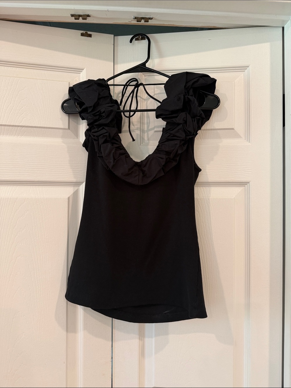 Black Ruffle Shoulder Tie-Back Women's Top